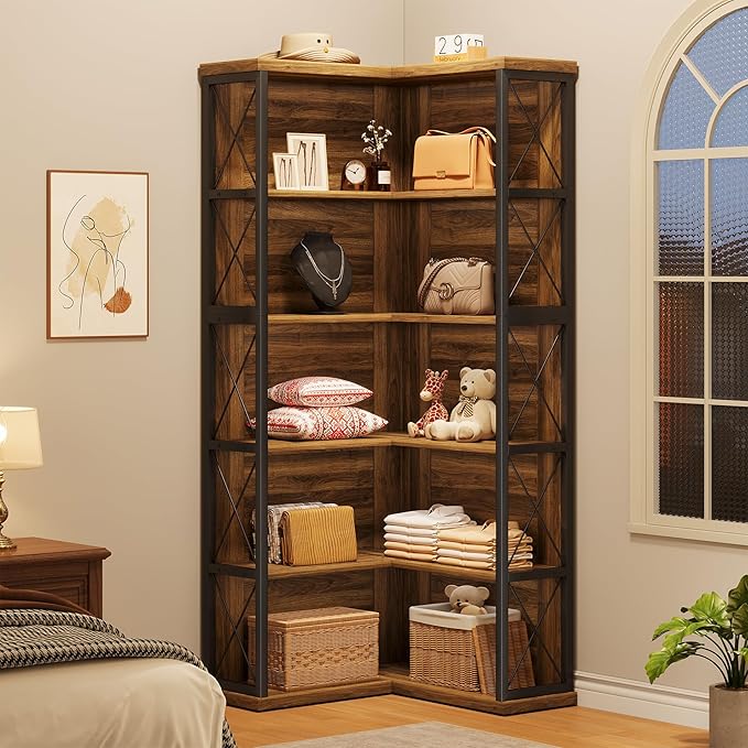 5-Tier L Shaped Bookshelf, Vintage Industrial Corner Bookcase, Large Tall Storage Shelves Display Rack with Metal Frame for Living Room, Home Office, Bedroom, Dark Walnut