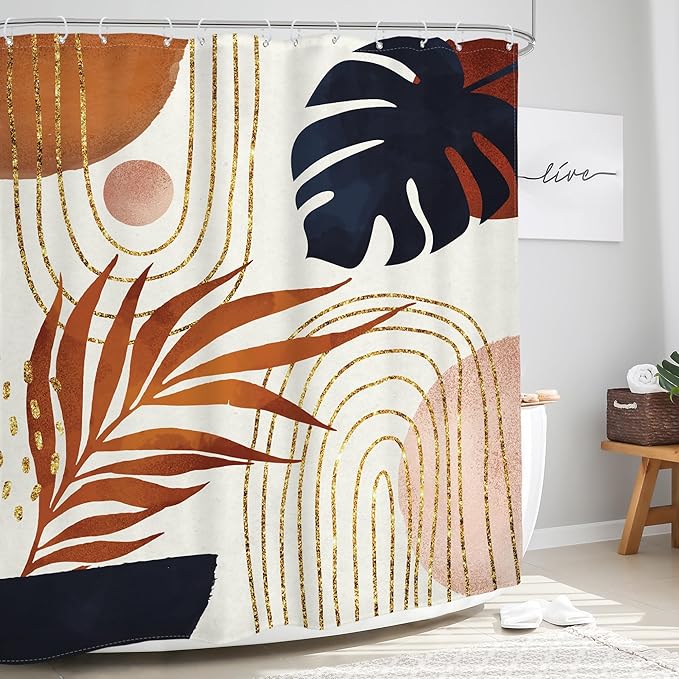 Glawry Boho Navy Brown Shower Curtain Modern Mid Century Abstract Tropical Palm Leaf Bathroom Minimalist Geometric Arch 60Wx72L Inches Bath Accessories Art Home Decor Fabric 12 Pack Hooks