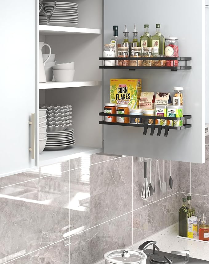 Spice Rack Organizer Wall Mount - 15.7in 2Pack [Upgraded Version] Hanging Seasoning Organizer Shelf with Paper Towel Holder, Storage for Cabinet or Wall Mounted with 4 Strong Hooks (Simple black)