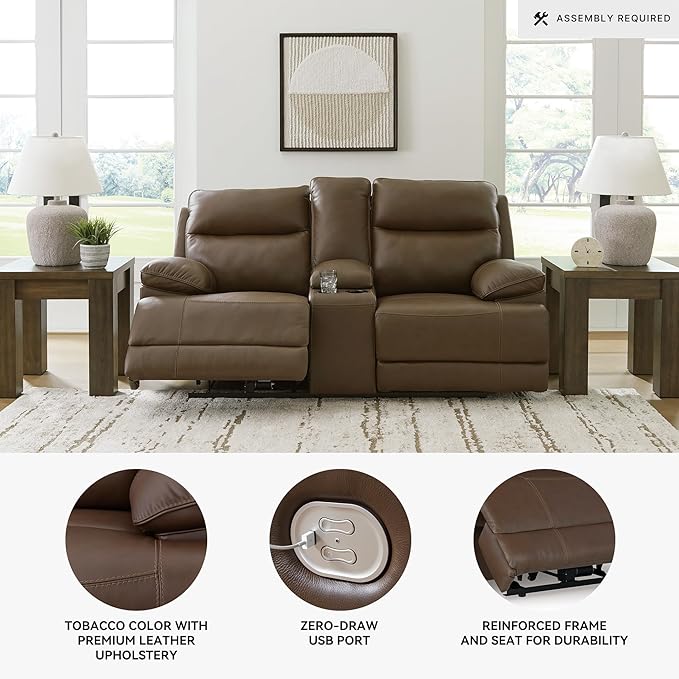 Signature Design by Ashley VonRyan Modern Leather Match Power Reclining Loveseat with USB Ports, Dark Brown