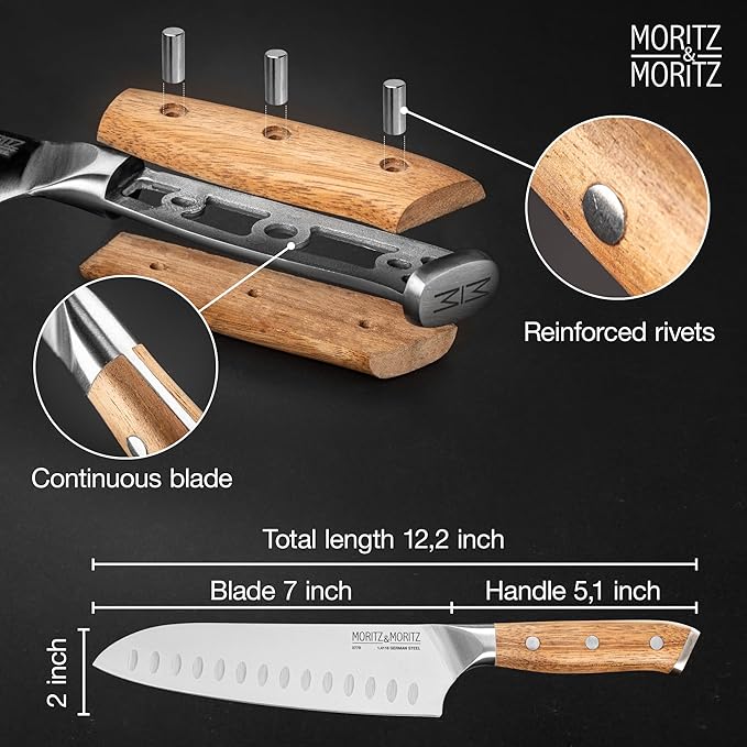 Moritz & Moritz 7-Inch Santoku Knife – Japanese Chef Knife with German Steel Blade, Acacia Wood Handle, Professional Kitchen Knives for Meat, Vegetables, Sushi, Chopping & Slicing