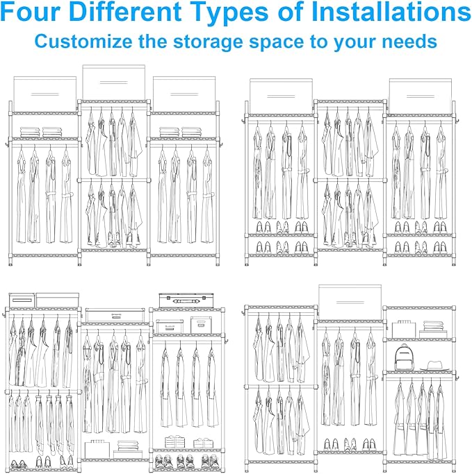 Ulif E13 Heavy Duty Clothes Rack（With 4 Hanger Rods & 8 Shelves） Freestanding Clothing Racks for Hanging Clothes，Adjustable Closet Organizer，Metal Garment Rack 63" W x16 D x77 H，Max Load 900LBS，White
