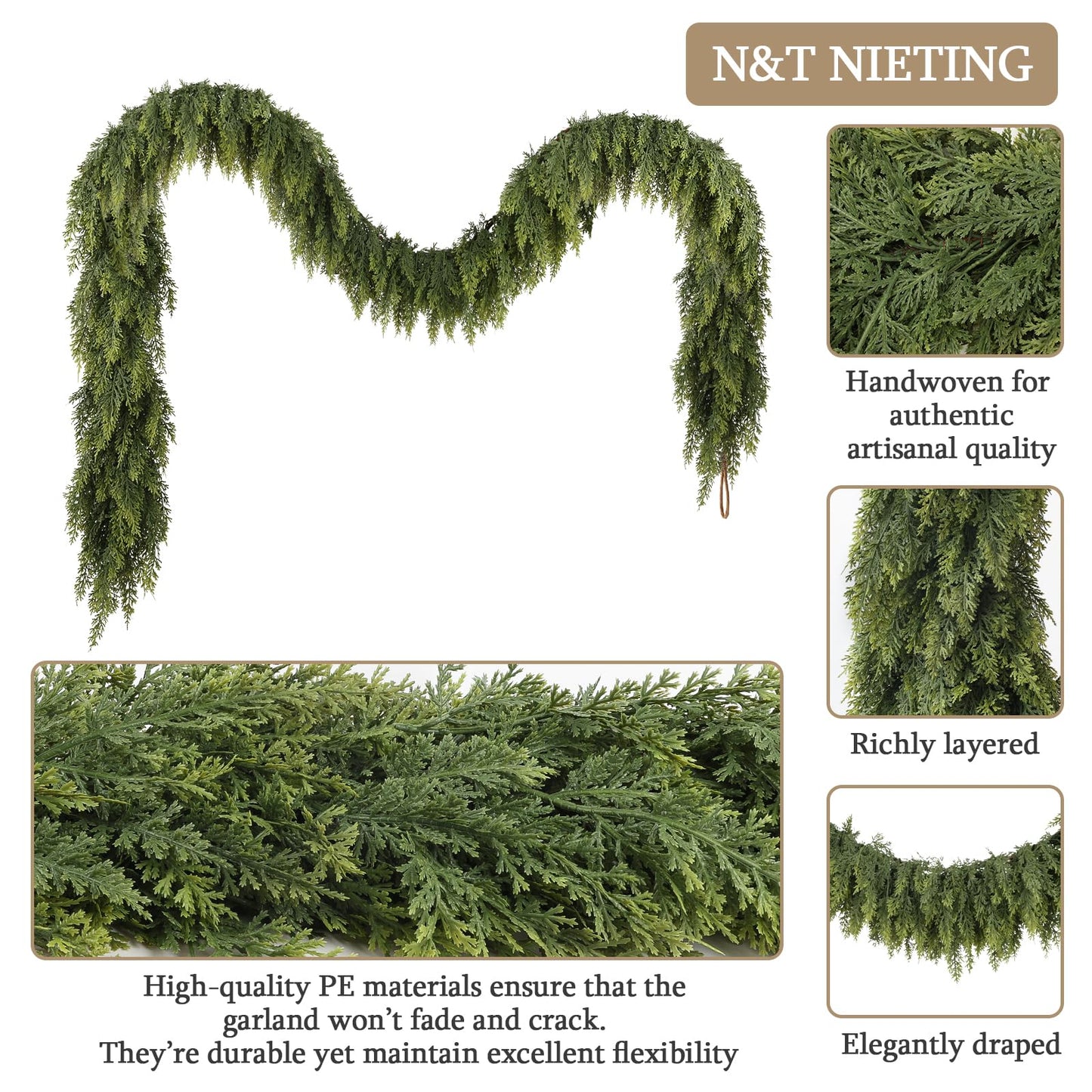 N&T NIETING 9ft Christmas Cedar Garland with Realistic Soft Thickness Pine, Artificial Green Faux Cedar Pine Garland for Fireplace Mantle Fireplace Indoor Outdoor Holiday Party Home Decoration