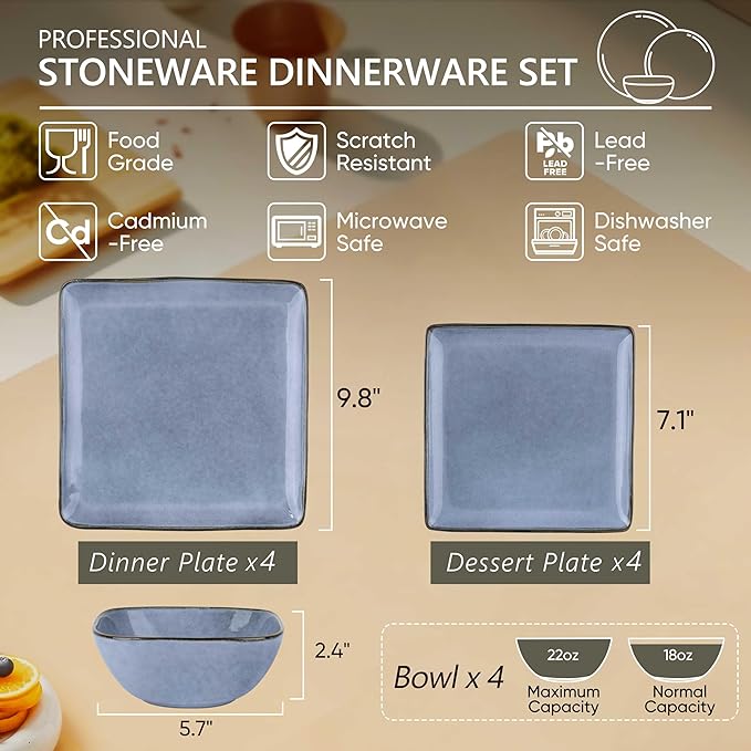 Herogo 12-Piece Square Stoneware Dinnerware Set for 4, Dinner Plates and Bowls Sets, Double Reactive Glaze Dishware Place Setting for Kitchen, Scratch Resistant, Microwave Safe, Haze Blue