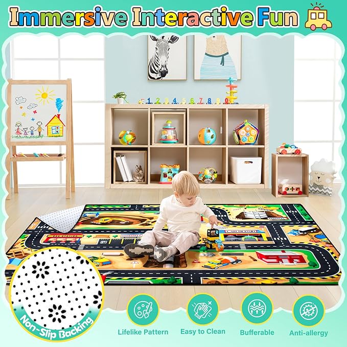 Kids 3x5 Ft Construction Site Play Rug, Baby Play Mat, Tufted Wool & Rubber, Non-Slip, Stain & Fade Resistant, Machine Washable, Rustic Cartoon Construction Site Pattern