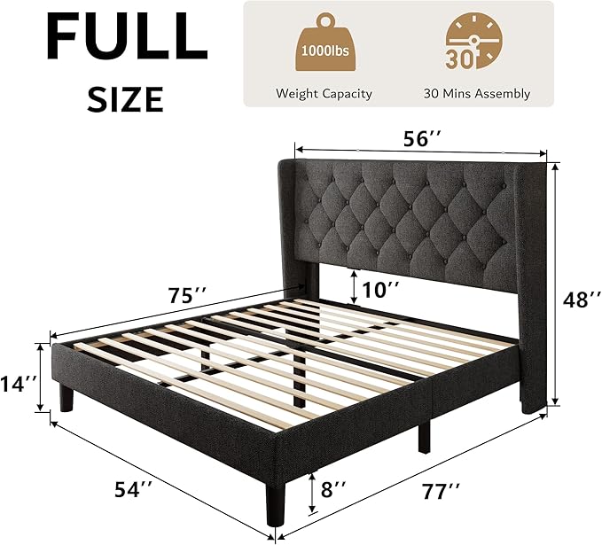 iPormis Full Size Platform Bed Frame with Button Tufted Headboard, Upholstered Bed Frame with Solid Wooden Slats, 8" Underbed Space, No Box Spring Needed, Noise Free, Easy Assembly, Dark Gray