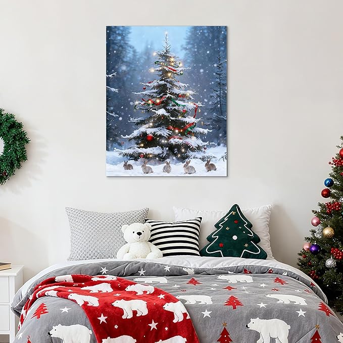 Framed Christmas Pictures Wall Decor,Vintage Pine Tree Prints,Winter Christmas Canvas Wall Art Decoration for Bedroom Bathroom Living Room Rustic Xmas Holiday Gifts (Christmas Tree 17, 24'' X 36'')