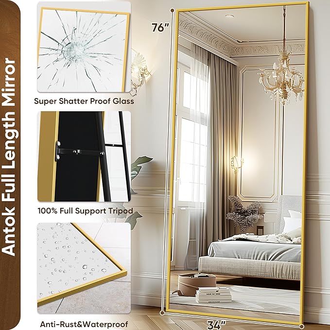Antok Full Length Mirror, 76"x34" Floor Mirror with Stand, Hanging Mounted Mirrors for Bedroom, Living Room, Cloakroom, Dining Room, Gold, Rect