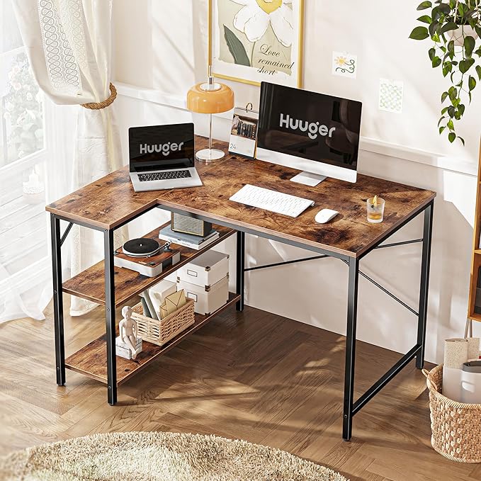 Huuger L Shaped Desk, 39 Inches Computer Desk with Reversible Storage Shelves, Gaming Desk, Corner Home Office Desks, Writing Study Desk with Metal Frame, Rustic Brown