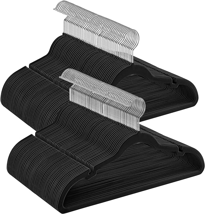 SONGMICS Velvet Hangers - 100 Pack, Non-Slip, Suit Hangers with Shoulder Notches, Pants Bar, 360 Swivel Hook, Space-Saving for Closet, Ink Black