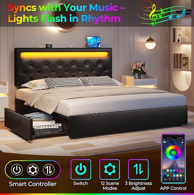 Rolanstar Twin Size Bed Frame with Charging Station and LED Lights, Upholstered PU Leather Bed with Adjustable Headboard and 4 Storage Drawers, No Box Spring Needed, Easy Assembly, Black