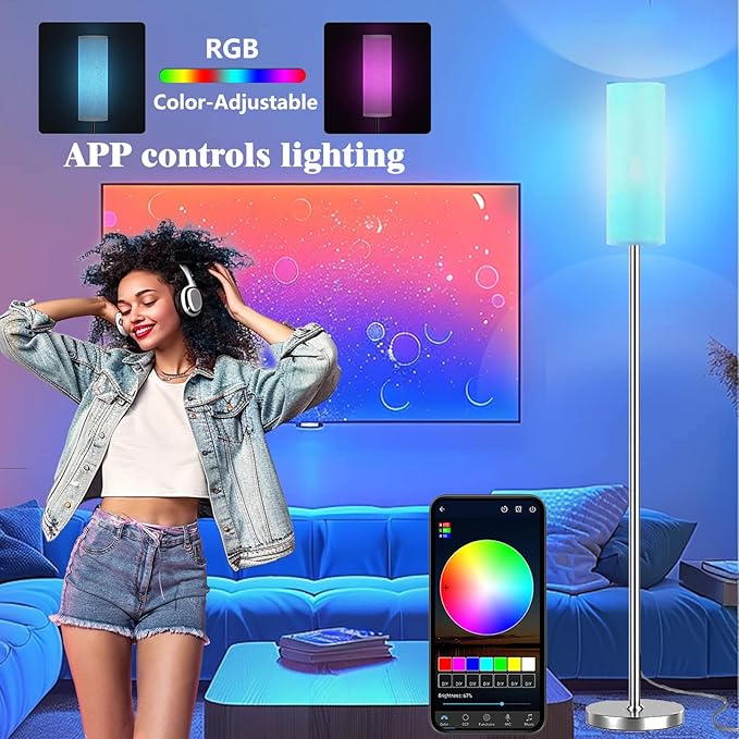 Smart LED Floor Lamp with APP Control & RGB Colors - Dimmable Standing Lamp for Living Room, Bedroom, Gaming - Remote, Timer, 9W Bulb Included, 67" Modern Tall Lamp (Silvery)