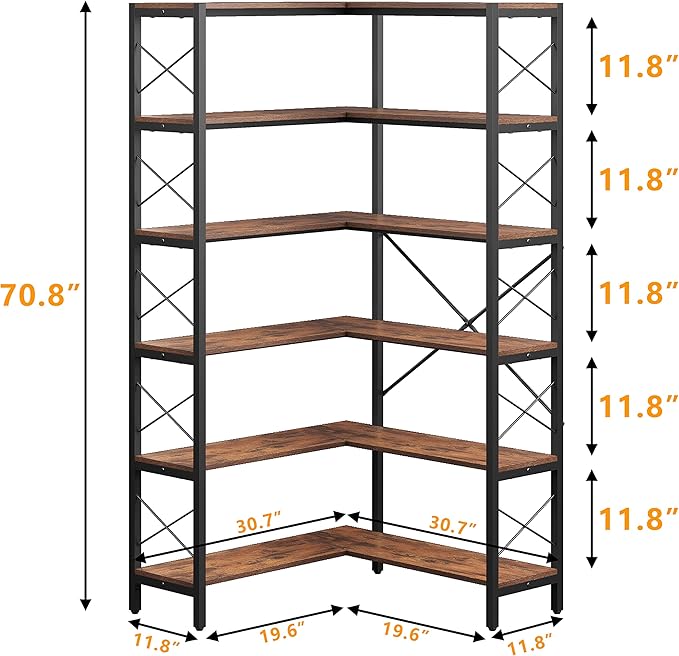 Corner Bookshelf 6-Tier, Tall Book Shelf L-Shaped, Large Etagere Bookcase Industrial Style with Metal Frame for Home Office Shelves