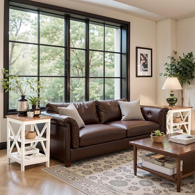 GREEN PARTY End Tables Living Room Set of 2,Side Tables with 3-Tier Storage Shelf, Small Nightstand for Bedroom, Wooden Frame,Small Coffee Table,White