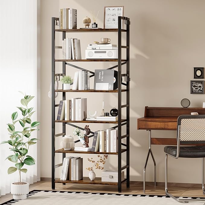 6 Tier Bookshelf, Industrial Bookcase with 8 Hooks, Vintage Storage Rack with Open Shelves, Rustic Standing Bookshelves Metal Frame Display Rack for Living Room, Bedroom, Rustic Brown