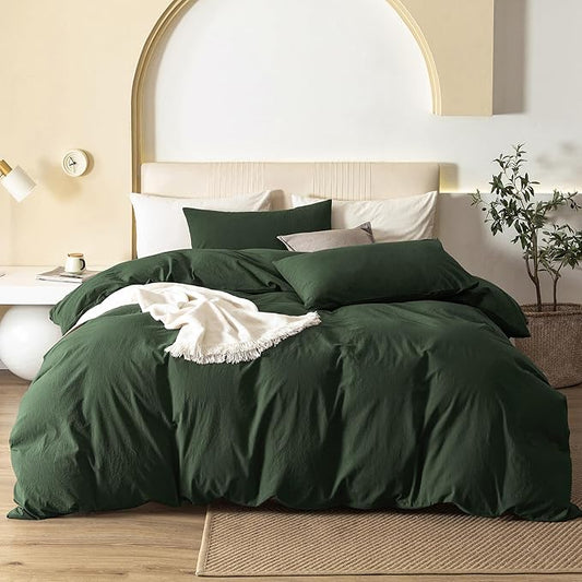 JIYUAN 100% Washed Cotton Duvet Cover Set 3 Pieces Queen, 1 Duvet Cover 90x90 Inches(Comforter Not Included) and 2 Pillowcases,Linen Feel Bedding Set Comfy and Breathable,Forest Green