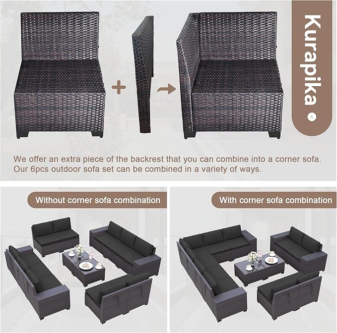 Kurapika 13 Pieces Patio Furniture Set, Rattan Wicker Outdoor Conversation Sets w/43in Propane Fire Pit Table(Black)