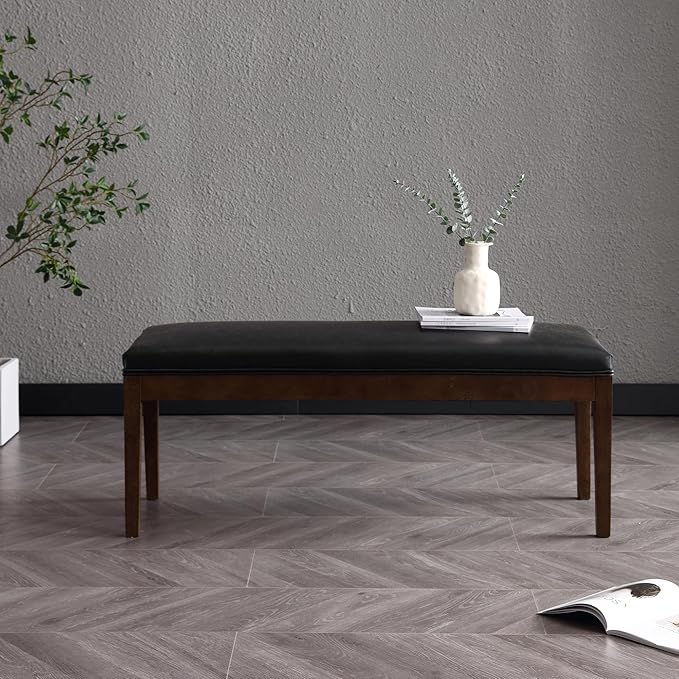 Upholstered Entryway Bench Modern Shoe Benches for Hallway Porch Bedroom Bench for End of Bed Dining Bench for Dining Table Dining Room Kitchen Window with Wood Legs, PU Leather, Black