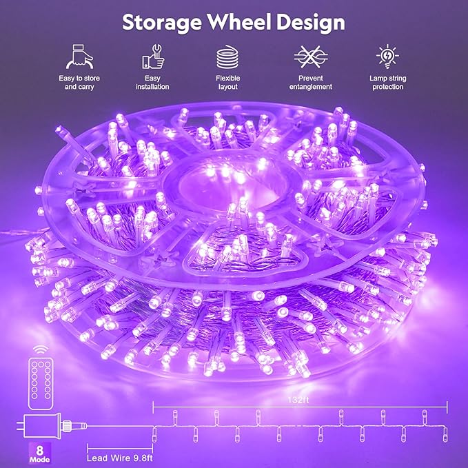 JMEXSUSS 400 LED Purple String Lights Indoor Outdoor Waterproof, 132ft Purple Halloween Lights Plug in with Remote, 8 Modes Christmas Light for Bedroom Party Patio Deck Halloween Christmas Tree Decor