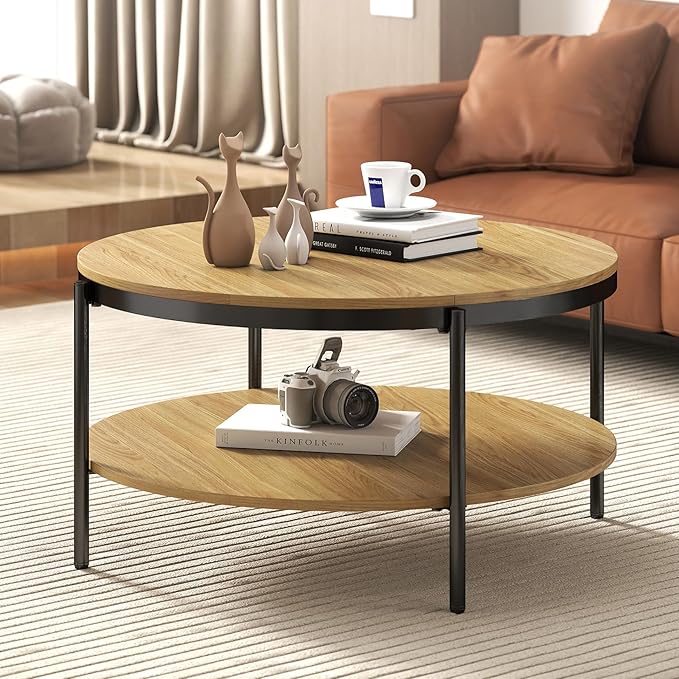 Manora Round Coffee Table with Storage Shelf, Rustic Wood Center Table with Black Metal Frame, Modern Circle Living Room Table for Small Spaces (Oak)