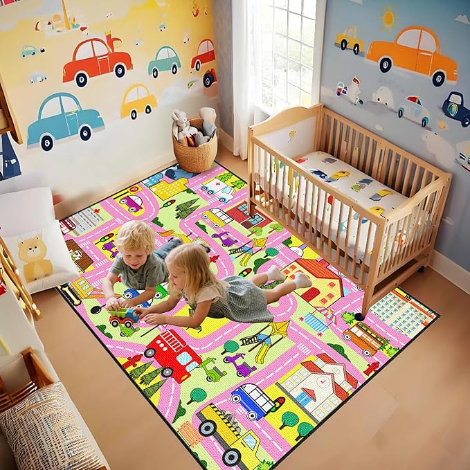 Car Rugs for Kids Toy Cars - City Life Car Road Rug Car Track Rug Car Carpet for Kids Boys Girls Playroom Living Room Bedroom Classroom, 4'5''×6'