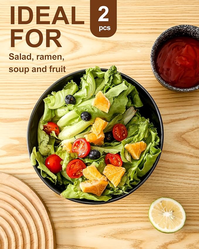 Hasense Large Salad Bowls of 2, Porcelain 60 Oz Serving Bowl 8 Inch for Kitchen Dining,Elegant Ribbed Ceramic Dishes for Party,Soup,Pho,Pasta,Cereal,Fruit - Dishwasher & Microwave Safe, Blue