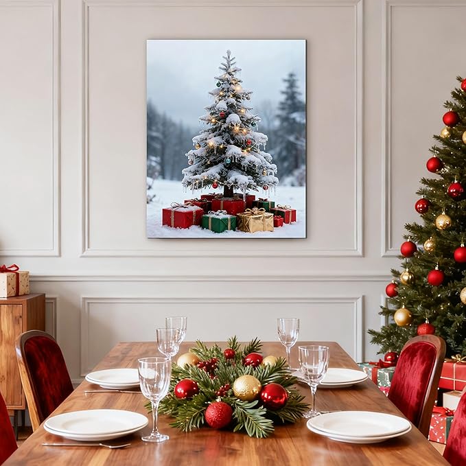 Framed Christmas Pictures Wall Decor,Vintage Pine Tree Prints,Winter Christmas Canvas Wall Art Decoration for Bedroom Bathroom Living Room Rustic Xmas Holiday Gifts (Christmas Tree 11, 11'' X 14'')