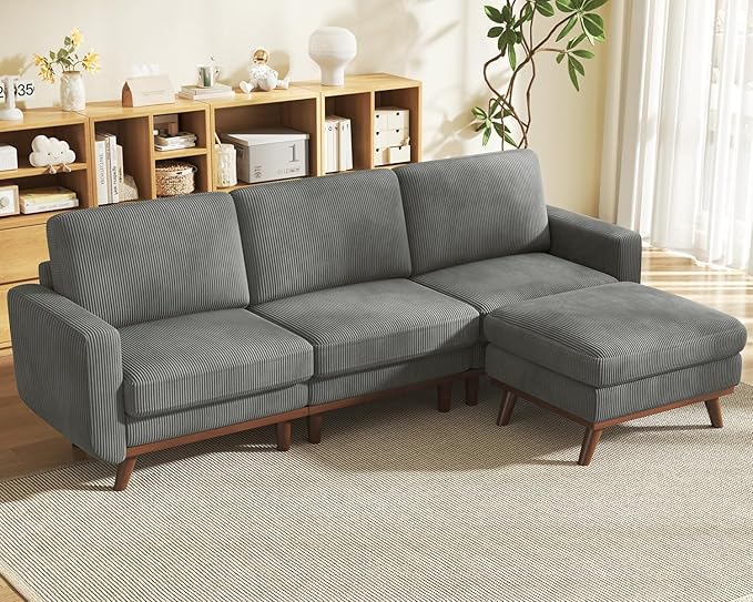 Vesgantti 97" Modular Sectional Sofa Dark Gray, L-Shaped Couch with Movable Ottoman, Comfy Corduroy Couch with Spring Cushion, Modular Sofa with Deep Seat for Living Room, Bedroom and Apartment