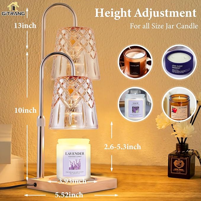 Candle Warming Lamp with Timer Dimmer, Adjustable Height Electric Wax Melt Warmer for Jar Candles with 3 Bulbs, Mother's Day Women's Home Decor Gift, Champagne Color Pole with Square Base