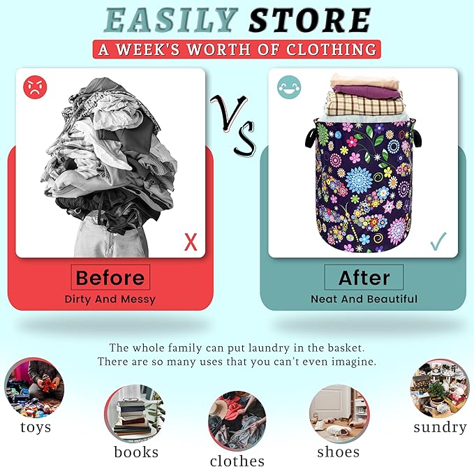 Colorful Hippie Flowers Dargonfly Laundry Basket Foldable Oxford Cloth Laundry Hamper With Handle Portable Clothes Storage Basket 18.9 X 16.5 Inch Storage Bag For Laundry Room/Bathroom/Bedroom