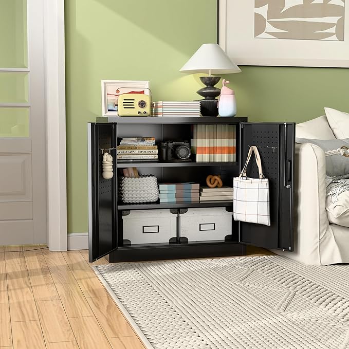 Aobabo 31.5" H Metal Storage Cabinet with 2 Shelves, Steel Lockable Cabinet with 4 Hooks for Home Office Garage, Black, Assembly Required