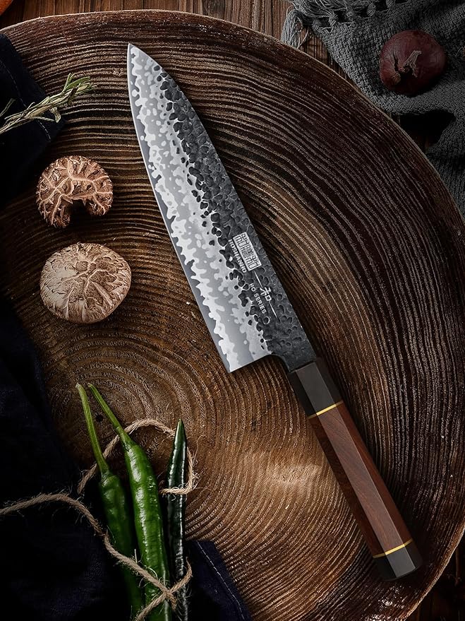 8 Inch Japanese Gyuto Chef Knife, 9 Layers 10Cr15CoMoV High Carbon Steel Kitchen Knife, Professional Hand Forged Cooking Knife with Ergonomic Rosewood Handle