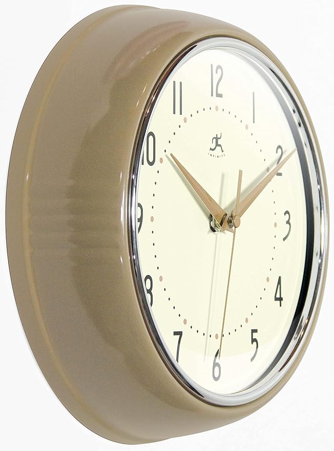 Infinity Instruments LTD. Retro 9 inch Silent Sweep Non-Ticking Mid Century Modern Kitchen Diner Wall Clock Quartz Movement Retro Wall Clock Decorative (Latte)…
