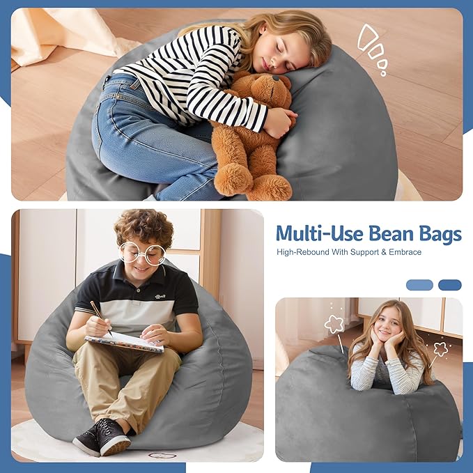 Homguava 2FT Bean Bag Chair: 2' Bean Bags with Memory Foam Filled,Comfy Beanbag Chairs Round Bean Bag Sofa with Dutch Velvet Cover-Light Grey