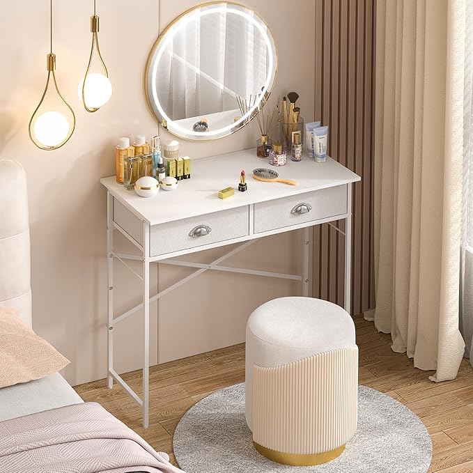 Small Writing Desk for Kids Bedroom, 31.5 Inch White Computer Desk for Small Spaces, Simple Desk with 2 Fabric Drawers for Home Office, Dorm, Living Room, Home Study Table, White