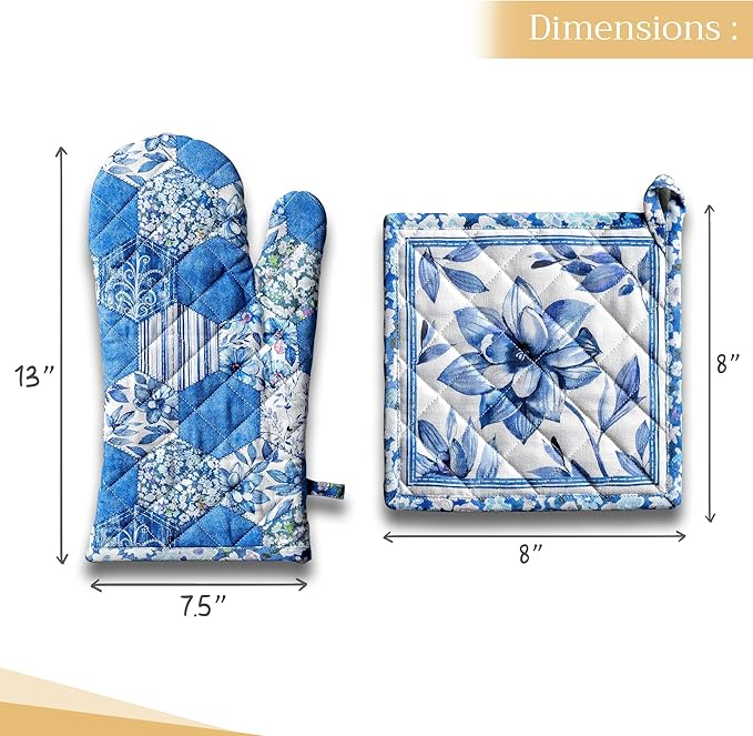Maison d' Hermine 100% Cotton Oven Mitt & Pot Holder Set (7.5"x13" & 8"x8") Heat Resistant BBQ Cooking Gloves with Loop, Baking, Grilling, Kitchen, Handling Hot Pans Spring/Summer (Summer Blues)