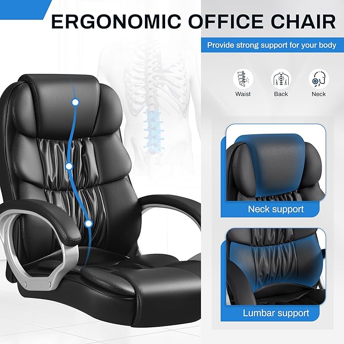 Furmax Leather High Back Office Chair Ergonomic Executive Office Chair Swivel Computer Desk Chair Lumbar Support Soft Cushioned Padded Arms (Black)