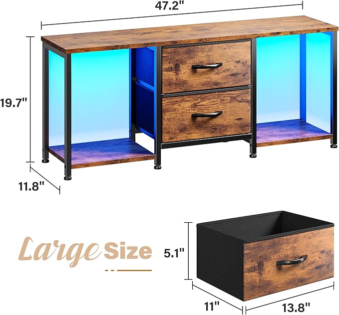 LED TV Stand Dresser for TVs up to 55 Inch, Entertainment Center with 2 Fabric Drawers and 2 Open Storage Shelves, Coffee Table Television Stands for Living Room, Bedroom, Wood Top, Rustic Brown