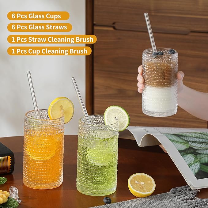 AkutaaVintage Hobnail Drinking Glasses Set of 6, 16 oz Large Capacity Embossed ClearTumblers, Highball Glasses for Water, Cocktail, Beer, Whiskey, Kitchen & Bar Use