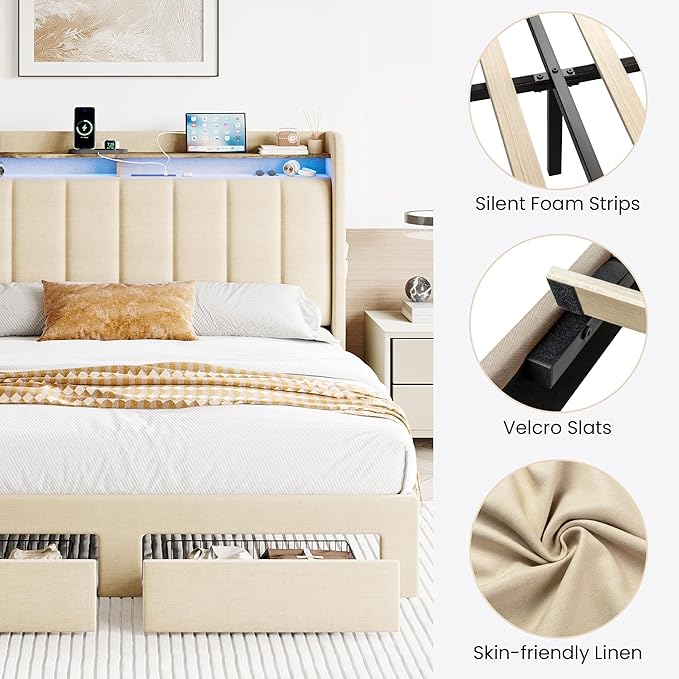 SHA CERLIN Queen Platform Bed Frame with Vertical Channel Tufted Wingback Headboard & 2 Storage Drawers/2-Tier Shelves with LED Lights & Charging Station/Noise-Free/No Box Spring Needed/Beige