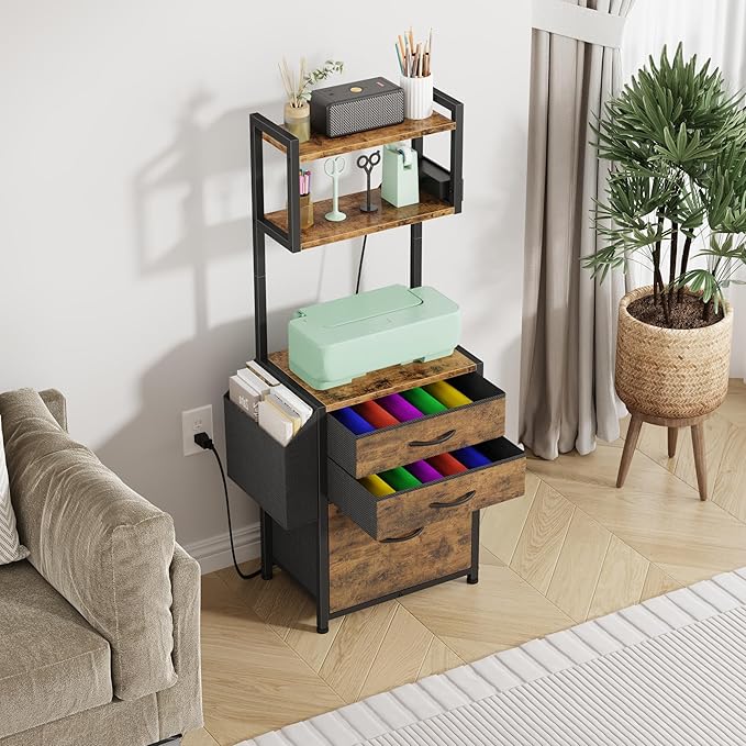Small 3 Drawer File Cabinet with Charging Station, 3-Tier Tall Filing Cabinet for Home Office, 11''*16'' for Small Printer, Fabric Drawer Fits Letter/A4, Printer Stand 45''H, Rustic Brown