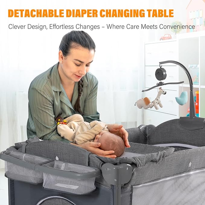 5 in 1 Baby Bassinet, Bedside Cribs, Pack and Play Changing Table, Portable Travel Baby Bassinet Toys & Music Box,Mattress for Girl Boy Infant Newborn (Grey)