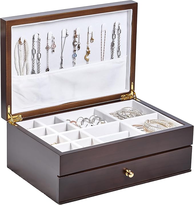 Wooden Jewelry Box with Drawer, Medium Size Real Natural Solid Wood, 2-Layer Vintage Organizer with Earring Storage, Ring Compartments, Necklace Hooks, ek15-m-dark