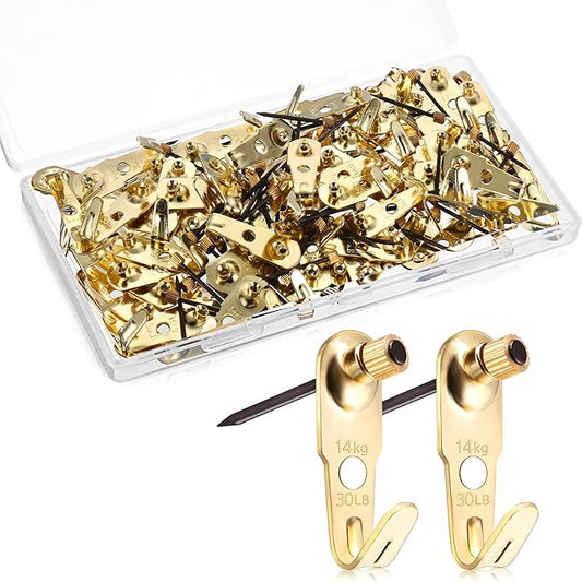 Jetec Plaster Picture Hangers Hooks Picture Gold Hanging Kit with Nails for Plaster Wall Wooden Wall Drywall Mounting(50 Pieces,30 lbs)
