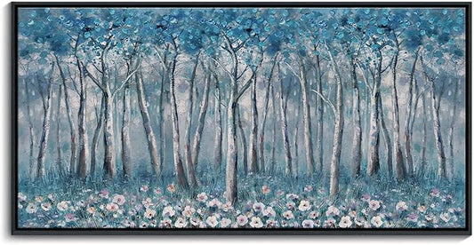 DUNHUANG ART Blue Tree Canvas Wall Art - Large Size Teal Abstract Painting for Home Office Living Room Bedroom Bathroom - Black Framed - Wall Decor Living Room 20"x40"