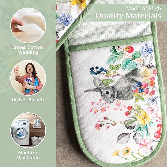 Maison d' Hermine Double Oven Mitts 100% Cotton 7"x35" Double Oven Mitt Heat Resistant BBQ Cooking Gloves with Loop, Baking, Grilling, Home, Kitchen, Handling Hot Pans Spring Summer (Printemps)