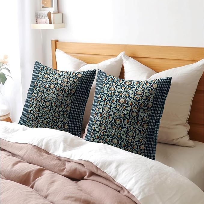 Kawani Antique Pillow Covers 24x24 Inch Vintage Floral Block Print Blue Red Decorative Throw Pillows Set of 2 Retro Turkish Pillowcases for Couch Indoor Outdoor Home Decor