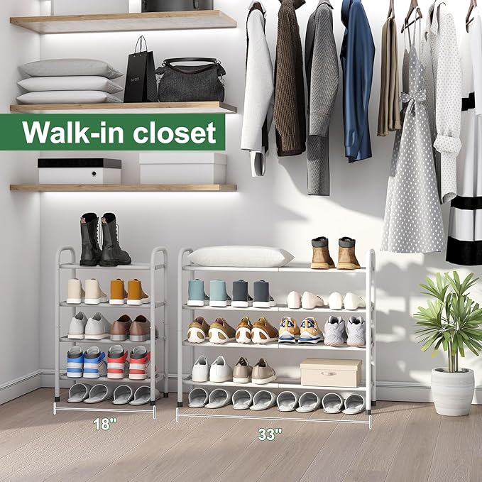 Expandable Shoe Rack, 4-Tier Expandable Metal Shoe Rack,Shoe Shelf for Closet, Entryway & Hallway