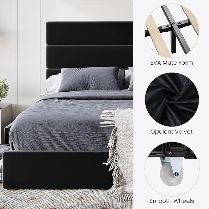 SHA CERLIN Full Size Platform Bed Frame with 4 Storage Drawers, Velvet Upholstered Headboard, Mattress Foundation with Wooden Slats Support, No Box Spring Needed, Easy Assembly, Black