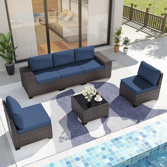 Kurapika 6 Pieces Patio Furniture Set, Rattan Outdoor Conversation Sets w/4 Inch Cushion and Glass Coffee Table(Navy Blue)